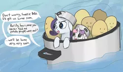 Size: 1200x700 | Tagged: artist:spicyhamsandwich, context is for the weak, derpibooru import, pot, potato, rarity, safe, sweetie belle, wat