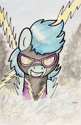 Size: 728x1118 | Tagged: safe, artist:slightlyshade, derpibooru import, nightshade, pegasus, pony, bust, clothes, costume, female, goggles, grin, mare, shadowbolts, shadowbolts costume, smiling, solo, traditional art