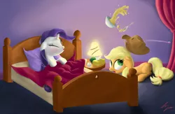 Size: 1280x832 | Tagged: applejack, artist:sameasusual, bed, derpibooru import, lamp, rarity, safe, sick, sneezing, soup, spill, thermometer, tissue, tissue box