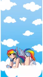 Size: 829x1500 | Tagged: all fours, artist:dawnrie, blushing, clothes, cloud, cloudy, converse, derpibooru import, eared humanization, frown, humanized, kneeling, midriff, rainbow dash, safe, shoes, shorts, solo, sulking, tailed humanization, winged humanization