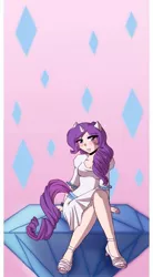 Size: 829x1500 | Tagged: safe, artist:dawnrie, derpibooru import, rarity, tom, crossed legs, diamond, eared humanization, high heels, horned humanization, humanized, shoes, sitting, solo, tailed humanization