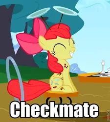 Size: 450x500 | Tagged: safe, derpibooru import, edit, edited screencap, screencap, apple bloom, earth pony, pony, the cutie pox, checkmate, chess, cropped, cutie pox, eyes closed, fake cutie mark, female, filly, grin, image macro, loop-de-hoop, meme, multiple cutie marks, plate spinning, smiling, solo, win