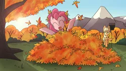 Size: 1920x1080 | Tagged: safe, artist:undead-niklos, derpibooru import, applejack, pinkie pie, earth pony, pony, autumn, duo, leaves, rake