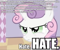 Size: 759x638 | Tagged: safe, derpibooru import, edit, edited screencap, screencap, sweetie belle, pony, robot, robot pony, unicorn, sisterhooves social, allied mastercomputer, female, filly, foal, hate, horn, i have no mouth and i must scream, image macro, solo, sweetie bot, text