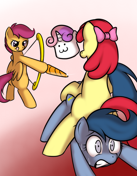 Size: 700x900 | Tagged: suggestive, artist:kloudmutt, derpibooru import, apple bloom, archer (character), scootablue, scootaloo, sweetie belle, earth pony, pegasus, pony, :3, archery, bloom butt, bow (weapon), butt, cutie mark crusaders, explicit source, fanfic art, female, filly, foal, gradient background, marshmallow, spread legs, spreading, sweetie belle is a marshmallow too, this will end in pain, william tell