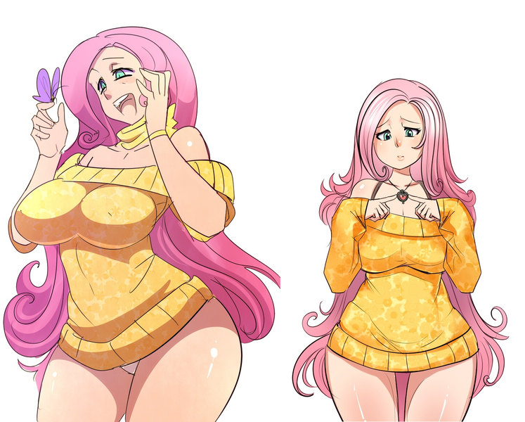 Size: 1500x1205 | Tagged: artist:maniacpaint, breasts, busty fluttershy, clothes, comparison, curvy, derpibooru import, female, fluttershy, flutterthighs, human, humanized, off shoulder, off shoulder sweater, panties, solo, solo female, suggestive, sweater, sweater dress, sweater puppies, sweatershy, underwear, wide hips