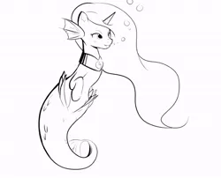 Size: 680x550 | Tagged: safe, artist:jalm, derpibooru import, princess luna, hippocampus, mermaid, merpony, pony, unicorn, bubble, female, fish tail, floppy ears, flowing mane, horn, image, jpeg, lidded eyes, lineart, mare, mermaidized, monochrome, ocean, seaponified, seapony luna, simple background, sketch, smiling, solo, species swap, tail, underwater, water, white background