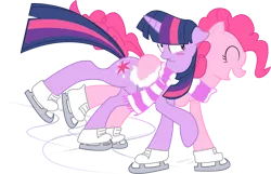 Size: 1905x1225 | Tagged: artist:nun2artzy, blushing, blush sticker, clothes, derpibooru import, eyes closed, female, ice skating, lesbian, pinkie pie, safe, scarf, shared clothing, shared scarf, shipping, simple background, transparent background, twilight sparkle, twinkie