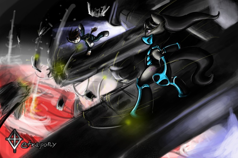 Size: 1200x800 | Tagged: armor, artist:tetrapony, derpibooru import, duo, fight, octavia melody, pipsqueak, safe, space