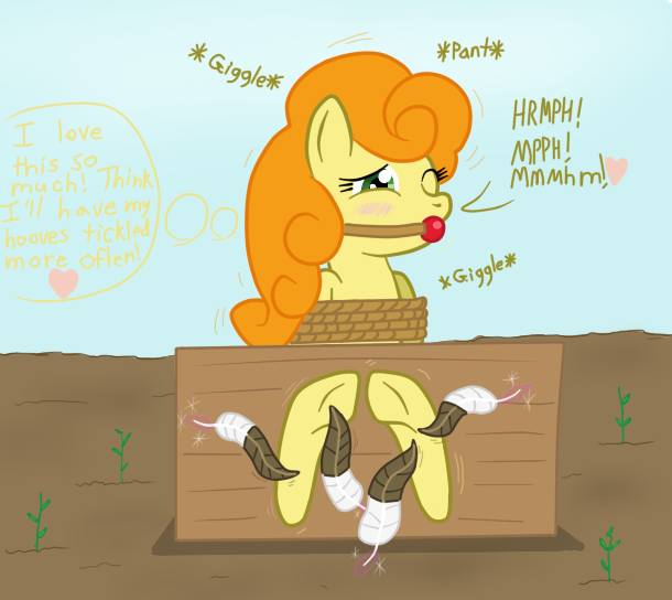 Size: 610x544 | Tagged: suggestive, artist:darkknighthoof, artist:darkknightwolf2011, artist:varikki, derpibooru import, carrot top, golden harvest, earth pony, pony, ballgag, blushing, bondage, bondage furniture, colored, erotic tickling, female, fetish, gag, hoof fetish, hoof tickling, hooves, mare, one eye closed, rope, rope bondage, solo, solo female, stocks, tickle fetish, tickle torture, tickling, tied up, underhoof