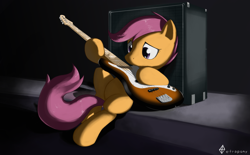 Size: 3691x2287 | Tagged: safe, artist:tetrapony, derpibooru import, scootaloo, pegasus, pony, amplifier, bad guitar anatomy, bass guitar, guitar, high res, musical instrument, scootabass, solo