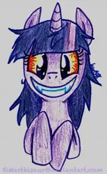 Size: 867x1407 | Tagged: safe, artist:marthisaur, derpibooru import, twilight sparkle, fangs, grin, insanity, messy mane, traditional art, twilight snapple