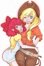 Size: 600x885 | Tagged: apple bloom, applejack, applejack's hat, artist:hana7, blushing, bow, clothes, cowboy hat, derpibooru import, female, hair bow, hand on hip, hat, human, humanized, looking at you, one eye closed, open mouth, pants, safe, shirt, simple background, sisters, smiling, white background