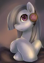 Size: 700x990 | Tagged: safe, artist:bakki, derpibooru import, marble pie, earth pony, pony, female, gradient background, headset, looking at you, lying, smiling, solo