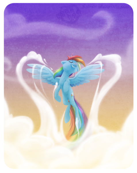 Size: 900x1135 | Tagged: safe, artist:kiki-kit, derpibooru import, rainbow dash, pegasus, pony, cloud, cloudy, cute, dashabetes, eyes closed, female, flying, mare, sky, solo