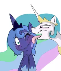 Size: 600x705 | Tagged: safe, artist:klondike, derpibooru import, princess celestia, princess luna, bedroom eyes, blushing, drool, face licking, female, frown, licking, non-consensual licking, open mouth, s1 luna, simple background, sisters, smiling, smirk, teasing, tongue out, trollestia, white background, wide eyes, wink