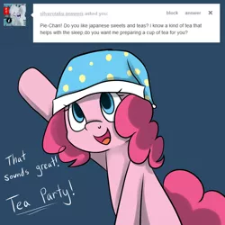 Size: 1000x1000 | Tagged: artist:maplesunrise, ask, ask snuggle pie, cute, derpibooru import, dialogue, diapinkes, hat, nightcap, no catchlights, pinkie pie, safe, solo, tumblr