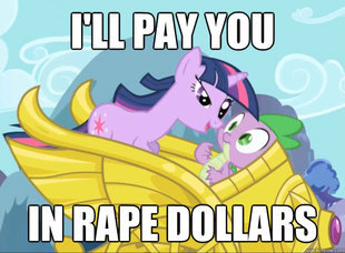 Size: 310x228 | Tagged: semi-grimdark, suggestive, derpibooru import, edit, edited screencap, screencap, spike, twilight sparkle, dragon, pony, unicorn, friendship is magic, caption, chariot, female, image macro, implied rape, male, mare, rape dollars, straight, text, unicorn twilight