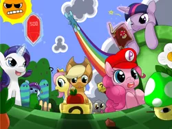 Size: 1400x1050 | Tagged: applejack, artist:hoyeechun, book, cosplay, derpibooru import, derpy hooves, fluttershy, goomba, mario, nintendo, pinkie pie, rainbow dash, rarity, safe, species swap, super mario bros., trixie, twilight sparkle, wink