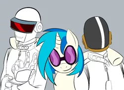 Size: 1240x900 | Tagged: safe, artist:butts-mcpoop, artist:kidkaizer, derpibooru import, vinyl scratch, pony, unicorn, crossover, daft punk, gray background, partial color, simple background