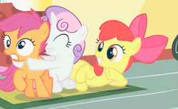 Size: 500x305 | Tagged: safe, derpibooru import, screencap, apple bloom, scootaloo, sweetie belle, earth pony, pony, the cutie mark chronicles, animated, cropped, cutie mark crusaders, hape, hug, hug sandwich, scootaloo is not amused