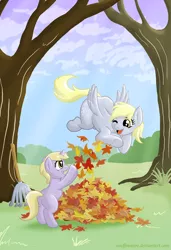 Size: 1200x1750 | Tagged: safe, artist:muffinshire, derpibooru import, derpy hooves, dinky hooves, pegasus, pony, unicorn, autumn, duo, equestria's best mother, happy, leaves, rake, smiling