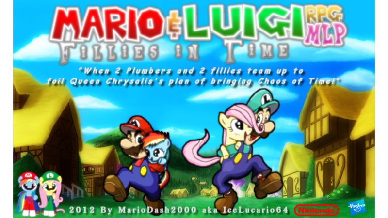 Size: 1920x1080 | Tagged: artist:icelucario64, cover, crossover, dead source, derpibooru import, filly, fluttershy, hasbro, luigi, mario, mario & luigi, mario & luigi: partners in time, nintendo, rainbow dash, safe, super mario bros.