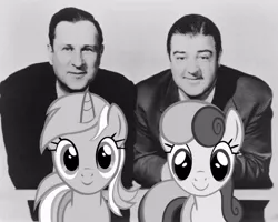 Size: 900x719 | Tagged: safe, derpibooru import, bon bon, lyra heartstrings, sweetie drops, human, pony, abbott and costello, black and white, grayscale, irl, irl human, photo