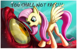 Size: 892x567 | Tagged: artist:14-bis, basil, derpibooru import, dragon, dragonshy, edit, fluttershy, gandalf, glare, lord of the rings, open mouth, safe, scene interpretation, size difference, spread wings, sweatdrop, wide eyes, you shall not pass