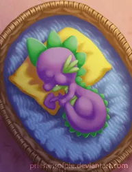 Size: 773x1000 | Tagged: artist:priestessofpie, bed, derpibooru import, dragon, male, pillow, safe, sleeping, solo, spike