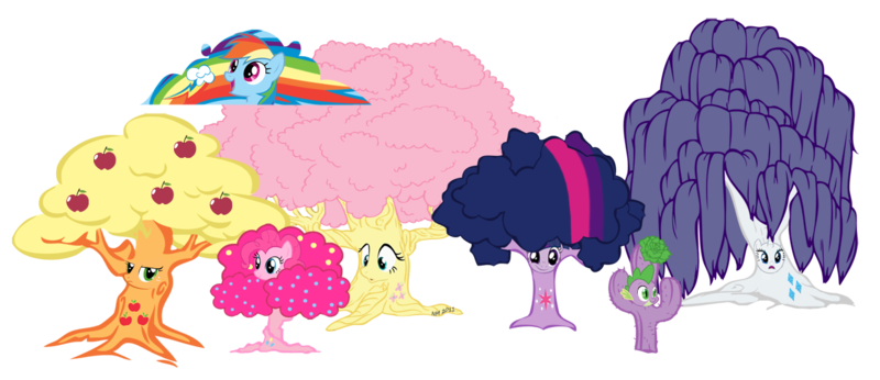 Size: 1250x541 | Tagged: safe, artist:pixel-fox, derpibooru import, applejack, fluttershy, pinkie pie, rainbow dash, rarity, spike, twilight sparkle, apple tree, cactus, cloud, dendrification, fluttertree, mane seven, my little x, plant, plants, saguaro cactus, simple background, species swap, transparent background, tree, treejack, weeping willow