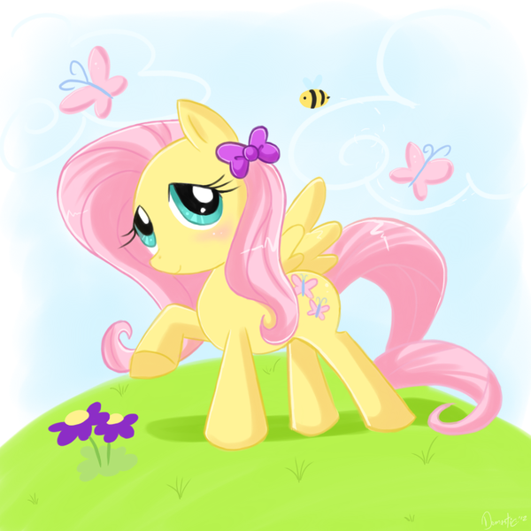 Size: 800x800 | Tagged: safe, artist:domestic-hedgehog, derpibooru import, fluttershy, bee, butterfly, bow, solo