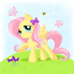 Size: 800x800 | Tagged: safe, artist:domestic-hedgehog, derpibooru import, fluttershy, bee, butterfly, bow, solo