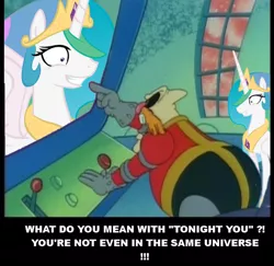 Size: 640x622 | Tagged: adventures of sonic the hedgehog, aqua teen hunger force, crossover, derpibooru import, doctor eggman, edit, edited screencap, grin, image macro, imminent rape, pointing, princess celestia, princess molestia, safe, screencap, smiling, sonic the hedgehog (series), this will end in tears, tonight you, wide eyes