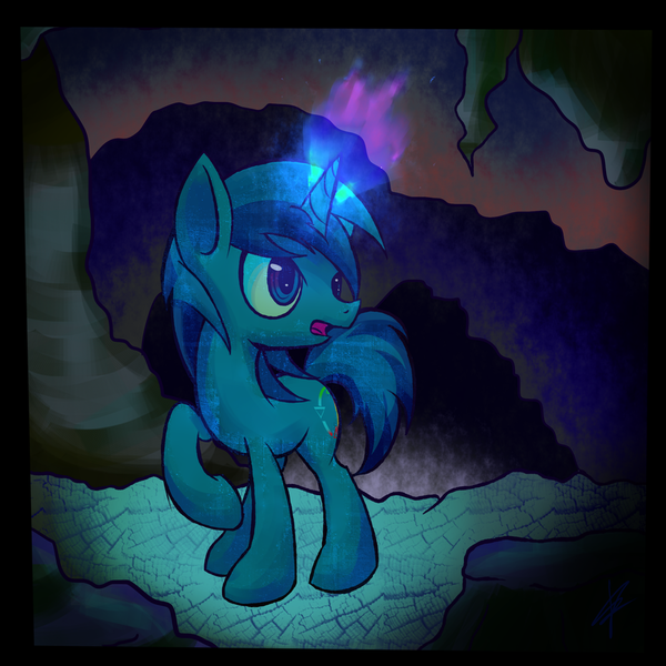 Size: 900x900 | Tagged: safe, artist:mister-markers, derpibooru import, oc, unofficial characters only, pony, unicorn, cave, magic, magic aura, male, raised hoof, solo, stallion