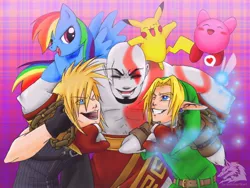 Size: 2000x1500 | Tagged: artist:lycanthropeheart, cloud strife, crossover, derpibooru import, final fantasy, final fantasy vii, god of war, happy, kirby, kirby (character), kratos, link, nintendo, pikachu, rainbow dash, safe, smiling, the legend of zelda