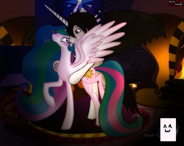 Size: 1636x1294 | Tagged: suggestive, artist:dragk, derpibooru import, princess celestia, oc, oc:dragk, alicorn, pony, canon x oc, dragkestia, female, male, queef, self insert, shipping, straight