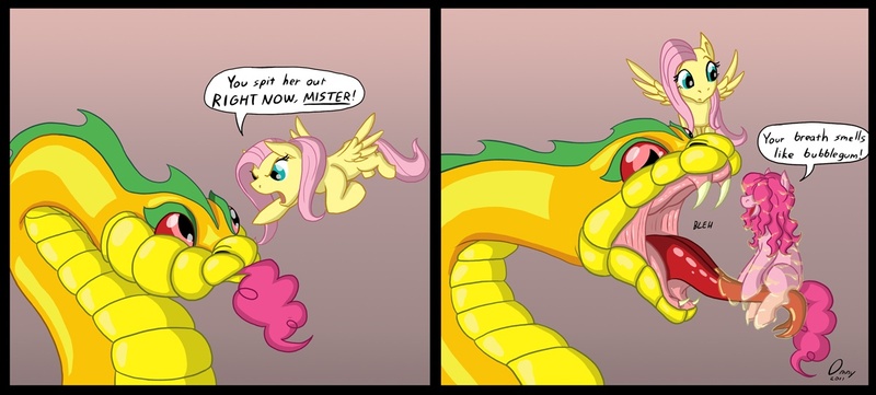 Size: 1200x542 | Tagged: questionable, artist:omny87, derpibooru import, fluttershy, pinkie pie, earth pony, pegasus, pony, snake, 2 panel comic, badass, comic, crotch tasting, female, fetish, flutterbadass, mare, pinkie prey, soft vore, tail sticking out, vore