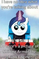 Size: 319x478 | Tagged: crossover, derpibooru import, i have no idea, image macro, random idea, reaction image, safe, shining armor, thomas the tank engine, train, train ponies, twily face, wtf