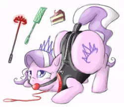 Size: 827x715 | Tagged: artist:secretgoombaman12345, ask chubby diamond, ballgag, bdsm, bondage, brand, cake, derpibooru import, diamond tiara, fat, foalcon, gag, gimp suit, impossibly large butt, leash, riding crop, suggestive