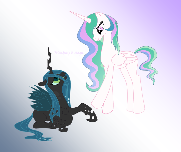 Size: 1600x1345 | Tagged: dead source, safe, artist:wolfsknight, derpibooru import, princess celestia, queen chrysalis, alicorn, changeling, changeling queen, pony, chryslestia, duo, eye contact, female, frown, gradient background, lesbian, looking up, missing accessory, prone, redemption, shipping, smiling