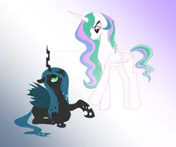 Size: 1600x1345 | Tagged: dead source, safe, artist:wolfsknight, derpibooru import, princess celestia, queen chrysalis, alicorn, changeling, changeling queen, pony, chryslestia, duo, eye contact, female, frown, gradient background, lesbian, looking up, missing accessory, prone, redemption, shipping, smiling