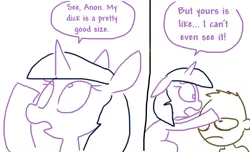 Size: 847x516 | Tagged: suggestive, artist:the weaver, derpibooru import, twilight sparkle, oc, oc:anon, human, pony, unicorn, comic, confused, dickhead, female, horn size, mare, onion head, simple background, small penis humiliation, weaver you magnificent bastard, white background