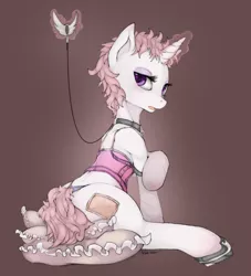 Size: 906x1000 | Tagged: suggestive, artist:slugbox, derpibooru import, oc, oc:band-aid, unofficial characters only, pony, unicorn, bandage, bandaid, clothes, collar, corset, cushion, cutie mark eyes, female, fishnets, horn, horseshoes, leash, looking at you, looking back, looking back at you, magic, mare, open mouth, panties, pillow, simple background, solo, solo female, telekinesis, thong, underwear, wingding eyes