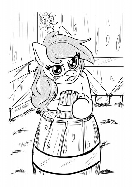 Size: 905x1280 | Tagged: safe, artist:kyokimute, derpibooru import, applejack, earth pony, pony, comic:cider showers, barn, barrel, bedroom eyes, blushing, female, grin, hay, hoof hold, leaning, lineart, looking at you, mare, monochrome, mug, simple background, smiling, smirk, solo, white background