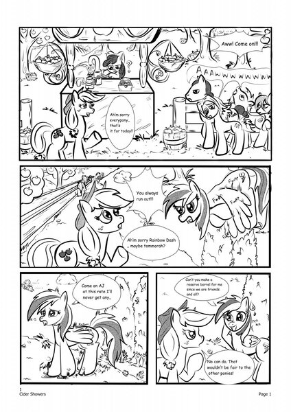 Size: 905x1280 | Tagged: safe, artist:kyokimute, derpibooru import, apple bloom, applejack, rainbow dash, earth pony, pegasus, pony, comic:cider showers, background pony, comic, mare