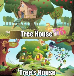 Size: 500x515 | Tagged: apple bloom, applejack, clubhouse, comic, crusaders clubhouse, cutie mark crusaders, derpibooru import, fluttershy's cottage, fluttertree, pun, safe, scootaloo, sweetie belle, treehouse