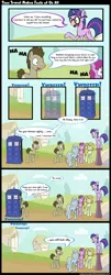 Size: 1000x2465 | Tagged: safe, artist:subjectnumber2394, derpibooru import, berry punch, berryshine, carrot top, doctor whooves, golden harvest, shoeshine, time turner, twilight sparkle, pony, comic, doctor who, tardis, time paradox