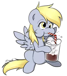 Size: 787x903 | Tagged: safe, artist:secret-pony, derpibooru import, derpy hooves, pegasus, pony, blowing bubbles, cute, derpabetes, female, ice cream soda, mare, root beer float, solo
