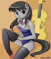 Size: 700x823 | Tagged: ambiguous facial structure, anthro, artist:shepherd0821, bowtie, breasts, busty octavia, cello, cleavage, clothes, derpibooru import, female, musical instrument, octavia melody, one-piece swimsuit, sitting, socks, solo, solo female, stockings, suggestive, swimsuit, thigh highs, unguligrade anthro